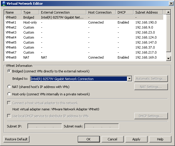Configurez pour la carte réseau virtuelle "VMnet0" le mode "bridged" en sélectionnant la carte réseau plutôt que de laisser le mode auto.