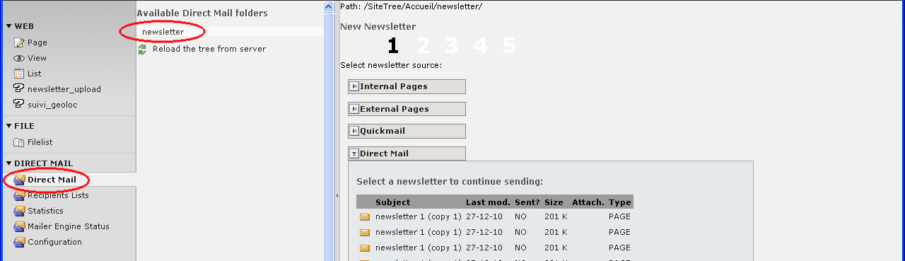 C - Envoi de la Newsletter en mode test 1) Sélection du module «Direct Mail». Dans la colonne de gauche de typo3, cliquer sur le module «Direct Mail».