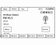 140 Radio AM 1. Effleurer le bouton d'écran AM à la page d'accueil. Sélectionner AM en appuyant sur SRCE ou SRC aux commandes au volant.