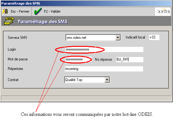 PARAMETRAGES L aaccccèèss aauu sseerrvvi iccee SSMSS :: Le paramétrage de l accès au service SMS se trouve dans : - Odeis V12 : Divers «Paramétrage» - «Paramètres de fonctionnement»