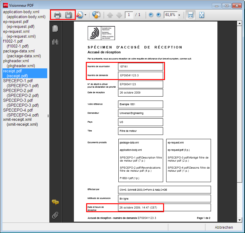 La demande s'ouvre dans le Visionneur PDF. Sélectionnez receipt.pdf dans la liste à gauche de l'écran.