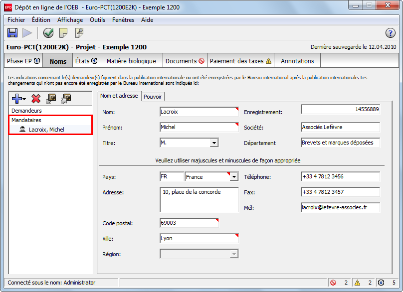 3.3 Euro-PCT(1200E2K) - Noms L'onglet Noms du formulaire Euro-PCT(1200E2K) vous permet d'indiquer toute modification des données relatives aux demandeurs ou aux mandataires.
