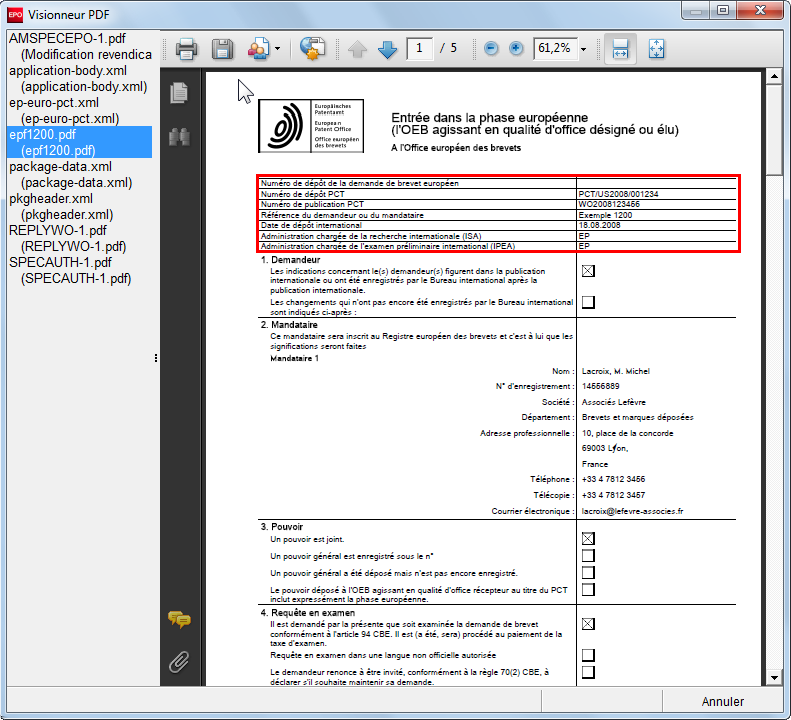 3.11 Euro-PCT(1200E2K) - Aperçu de la demande complétée Cliquez sur l'icône Aperçu de la barre d'outils. La demande s'ouvre dans le Visionneur PDF.