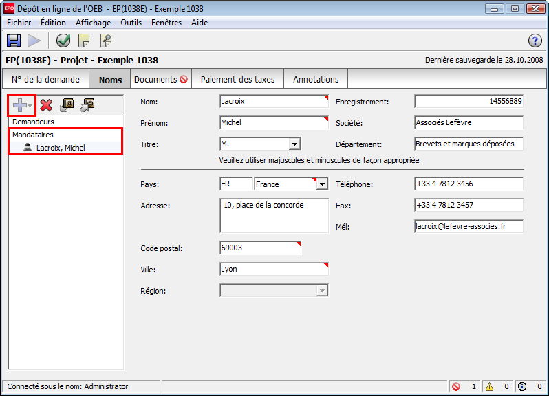 4.3 EP(1038E) - Noms L'onglet Noms du formulaire EP(1038E) vous permet d'ajouter les données relatives aux demandeurs et aux mandataires.