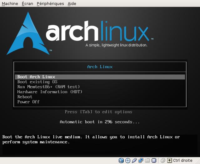 Sélectionnez Boot Arch Linux et