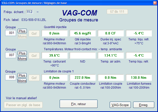 VAG-COM Groupes de mesure (Fonction 08 des VAG 1551/1552) Cet écran vous permet d analyser une multitude de données en temps réel provenant du calculateur.