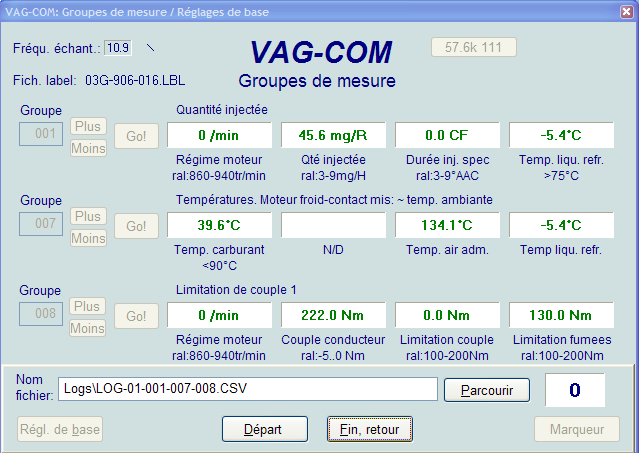VAG-COM Enregistrement des données Vous pouvez, en appuyant sur le bouton [Enreg.], exporter les données des groupes de mesure dans un fichier CSV.
