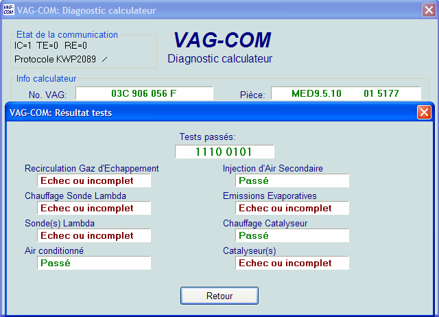 VAG-COM Passage tests (Fonction 15 du VAG 1551/1552) Le code de passage tests est composé de 8 bits, chacun de ces bits correspondant à un des systèmes d émission surveillés dans une voiture OBD-II.