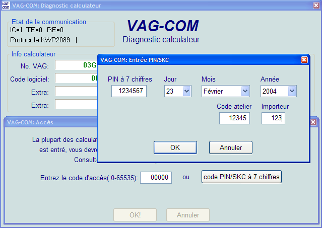 VAG-COM Fenêtre code PIN/SKC à 7 chiffres La fenêtre code PIN/SKC à 7 chiffres est utilisée pour l apprentissage des clés et des immo-3.