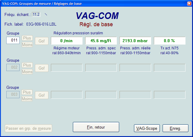 VAG-COM Réglages de base (Fonction 04 du VAG 1551/1552) Cet écran apparaît lorsqu un calculateur est en mode réglages de base.