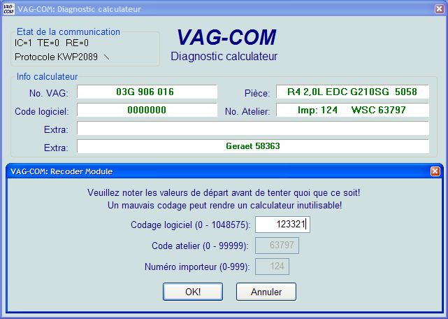 VAG-COM Recoder (Fonction 07 du VAG 1551/1552) Le recodage est utilisé afin de définir diverses options d un calculateur. Attention!