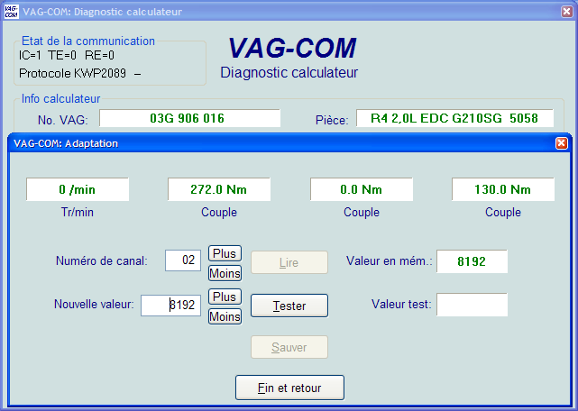 VAG-COM Adaptation (Fonction 10 du VAG 1551/1552) La fonction d adaptation vous permet de modifier certaines valeurs et/ou réglages des calculateurs qui le supportent. Attention!