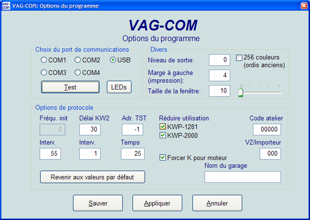 VAG-COM Ecran des options Cette fenêtre vous permet de régler/définir diverses options et paramètres. Choix du port COM Sélectionnez le port COM auquel vous avez connecté l interface.