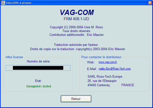 VAG-COM Ecran A Propos Infos licence Le numéro de série vous demandera initialement de tester VAG-Com sur une voiture.