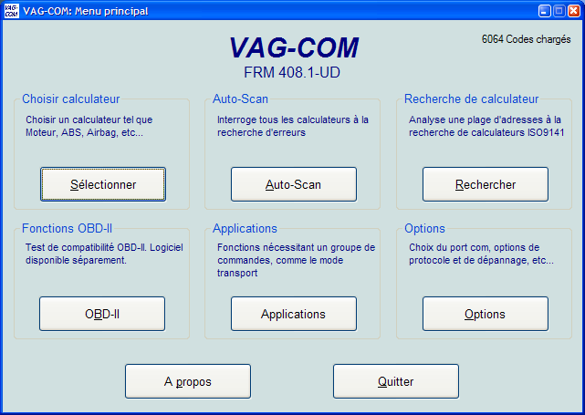 VAG-COM Ecran principal Cet écran apparaît quand vous démarrez VAG-Com en cliquant sur le raccourci présent sur votre bureau ou que vous le lancez par l intermédiaire du menu démarrer.