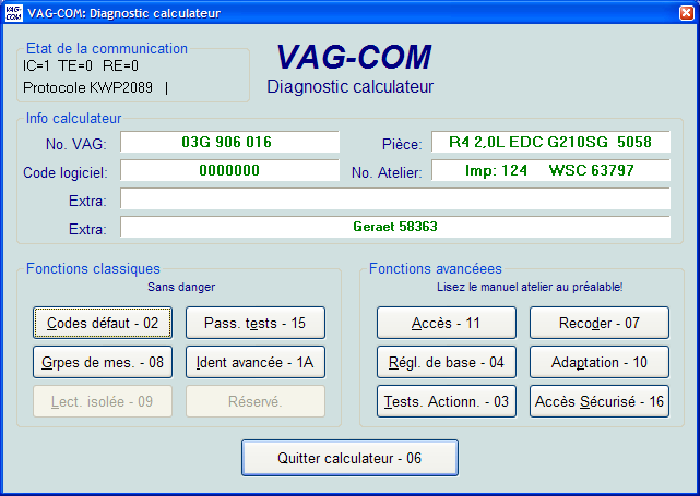 VAG-COM Ecran diagnostic calculateur Cet écran apparaît lorsque VAG-Com se connecte avec un calculateur. Etat Comm. = Vous indique l état des communications lorsque VAG-Com essaie de se connecter.