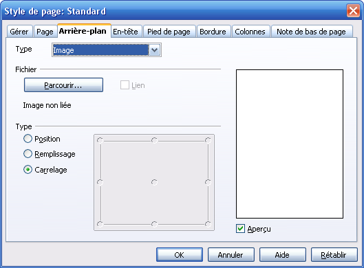 3 Le gabarit d empagement Définir un arrière plan «image» avec Writer Sélectionnez Image dans le menu déroulant Type.