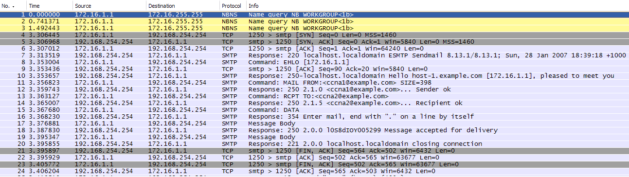 Figure 5. Capture SMTP 3. Sélectionnez la première capture SMTP dans la fenêtre Wireshark supérieure. Dans la figure 5, il s agit de la ligne 7. 4.