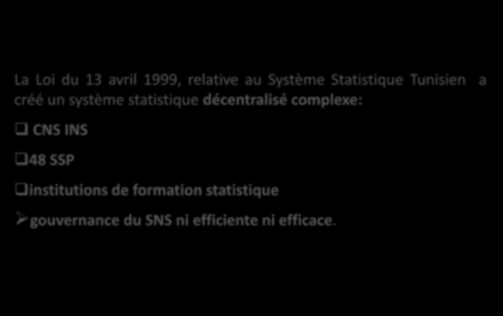 09 EVALUATION EFFICACITE La Loi du 13 avril 1999, relative au Système Statistique Tunisien a créé un système statistique