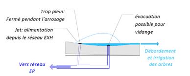Figure 33 : Vue en coupe du fonctionnement d une cupule qui déborde 4.5.4. Besoin en eau (voir tableau des besoins en annexe 15) Nous estimons à 25 L/arbre/jour le besoin en eau.