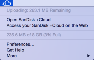 Vous pouvez vérifier le volume de données restant à télécharger en cliquant sur l'icône du menu SanDisk +Cloud dans la barre des menus supérieure.