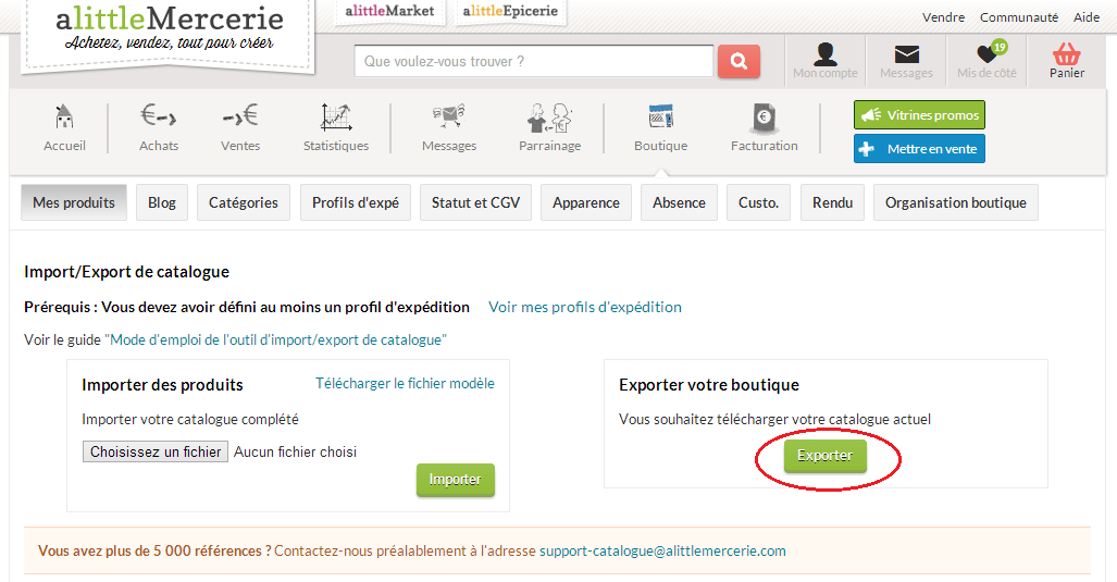 Page Gestion de produit Sur la page d Import/export de catalogue, dans le bloc «Exporter votre boutique», cliquez sur le bouton «Exporter».