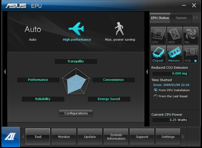 Menu des utilitaires Le menu Tool (Outils) intègre les fonctions EPU, Probe II et Sensor Recorder.
