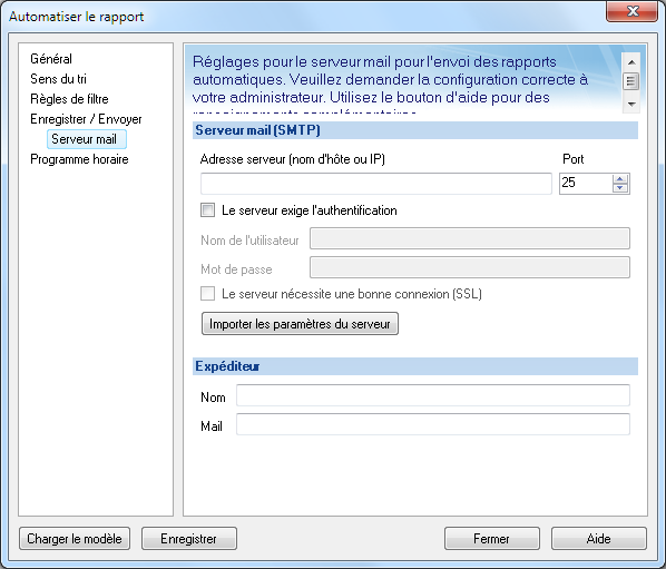AUTOMATISER LE RAPPORT 5.5 Serveur mail 5 Serveur de messagerie e-mail Paramètres Paramétrage du serveur e-mail pour l'envoi des "rapports automatiques".
