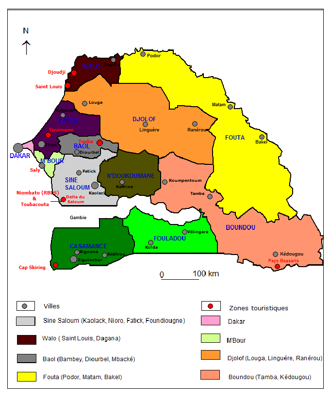 Carte 5: Noms des sites (ville, villages et terroirs cités) (Djib FAYE et Adama NDIAYE, février 2012) Mais, on ne saurait parler de culture touristique si au préalable les conditions politiques qui s