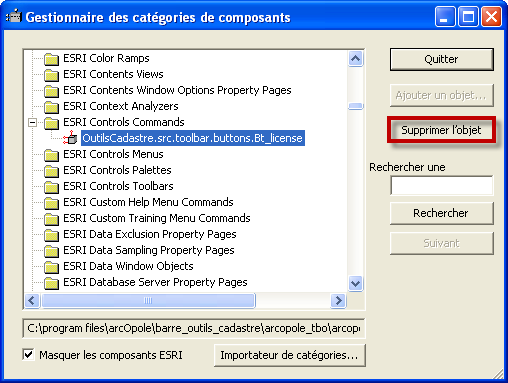 c. Supprimer les références à l ancienne barre d outils dans les categories d ArcGIS Démarrer l outil d ArcGIS suivant : C:\Program Files (x86)\arcgis\desktop10.0\bin\categories.