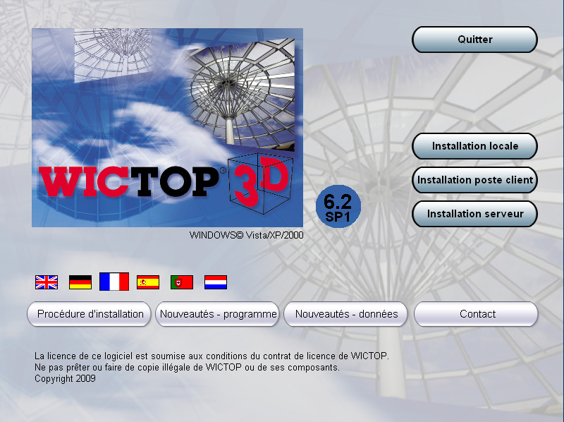La page d installation de Wictop 3D s affiche. Appuyez sur pour afficher la page d installation en Français, puis appuyez sur pour réaliser une mise à jour monoposte.