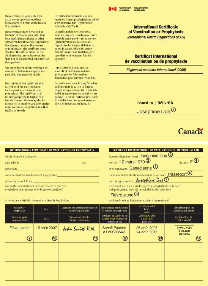 16 DÉCLARATION SUR LA FIÈVRE JAUNE À L INTENTION DES VOYAGEURS ANNEXE 2A : Exemple de Certificat international de vaccination ou de prophylaxie délivré par l Agence de la santé publique du Canada