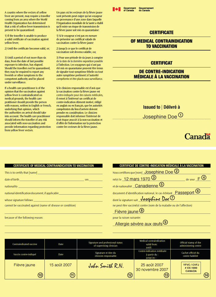 17 DÉCLARATION SUR LA FIÈVRE JAUNE À L INTENTION DES VOYAGEURS ANNEXE 2B : Exemple de Certificat de contre-indication médicale à la vaccination délivré par l Agence de la santé publique du Canada