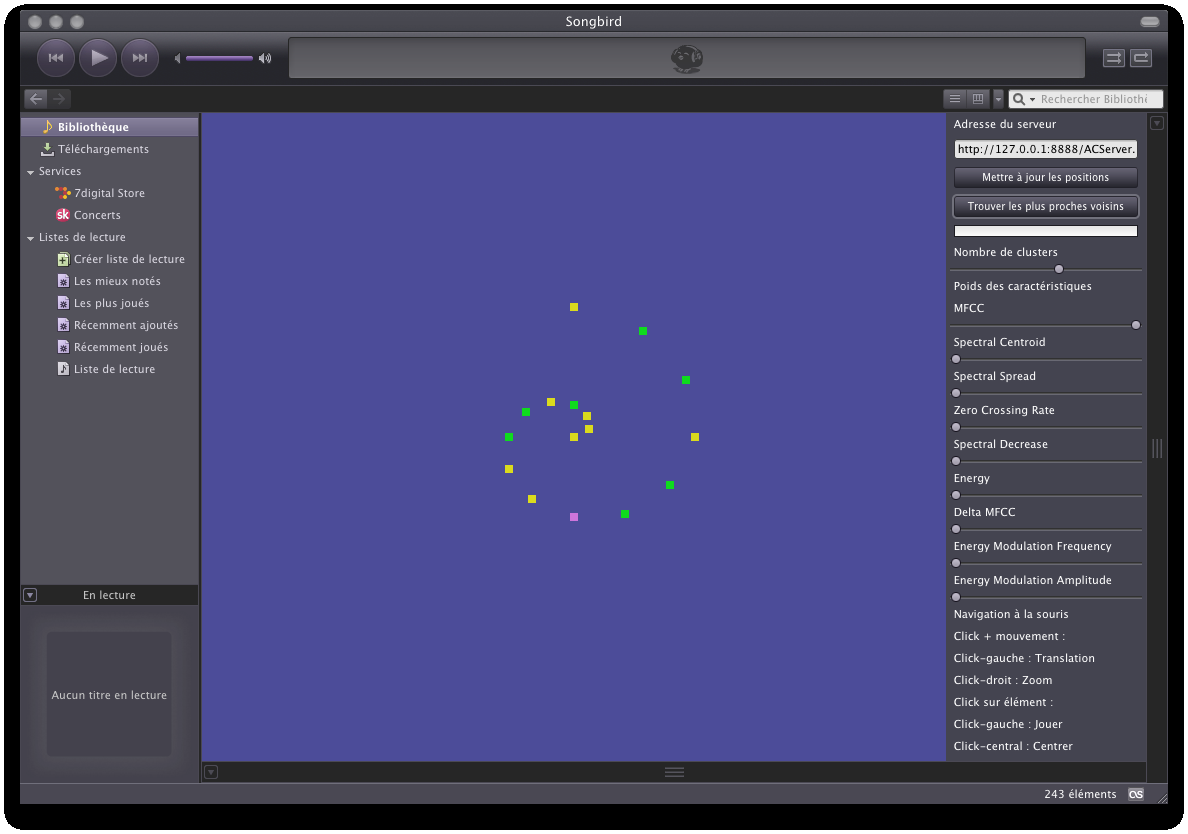 Figure 4.7 Capture d écran de l extension pour Songbird après la mise à jour des positions La navigation dans la zone de visualisation se fait de manière identique à la version itunes.