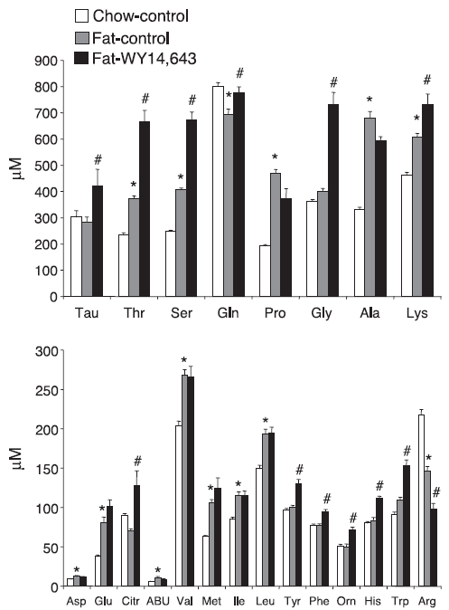 Figure 32 : Concentrations plasmatiques des acides aminés(µmol/l) chez les rats ayant reçu un régime témoin (chow control), hyperlipidique (fat-control) ou hyperlipidique aved du WY14643 (fat-