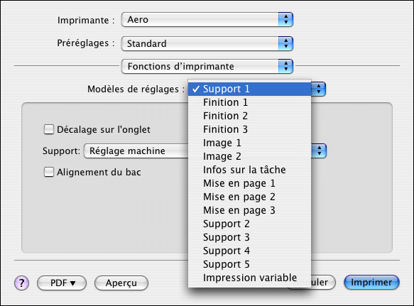 IMPRESSION SOUS MAC OS X 24 20 Choisissez Fonctions d imprimante pour spécifier les options spécifiques à l imprimante.