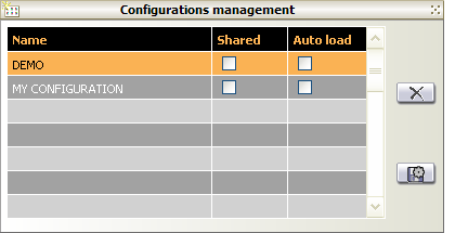 Page 7 69 Import a configuration : Permet l'importation d'une configuration préalablement enregistré dans un fichier (voir «Configurations management» ci-dessous).