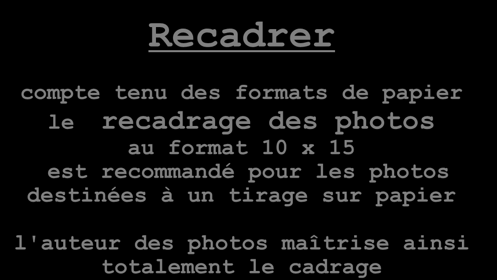Le menu Retouches simples de Picasa p.m. : depuis version 3,8 3 onglets Effets Recadrer compte tenu des formats de papier le recadrage des photos au format 10 x 15 est recommandé pour les