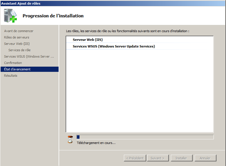 34 Voici la progression de l installation du serveur WSUS : Téléchargement des updates Une