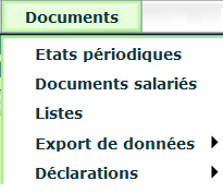 Editions et export de données Le menu «Documents» comporte cinq parties. Menu Documents Etats périodiques Correspond aux états mensuels, trimestriels ou annuels de l établissement.