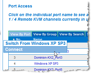 Chapitre 4: Aide pour l'administrateur de KX III 3. Sélectionnez Switch From (Commuter depuis) dans le menu d'action des ports. Le nouveau serveur cible sélectionné est affiché.