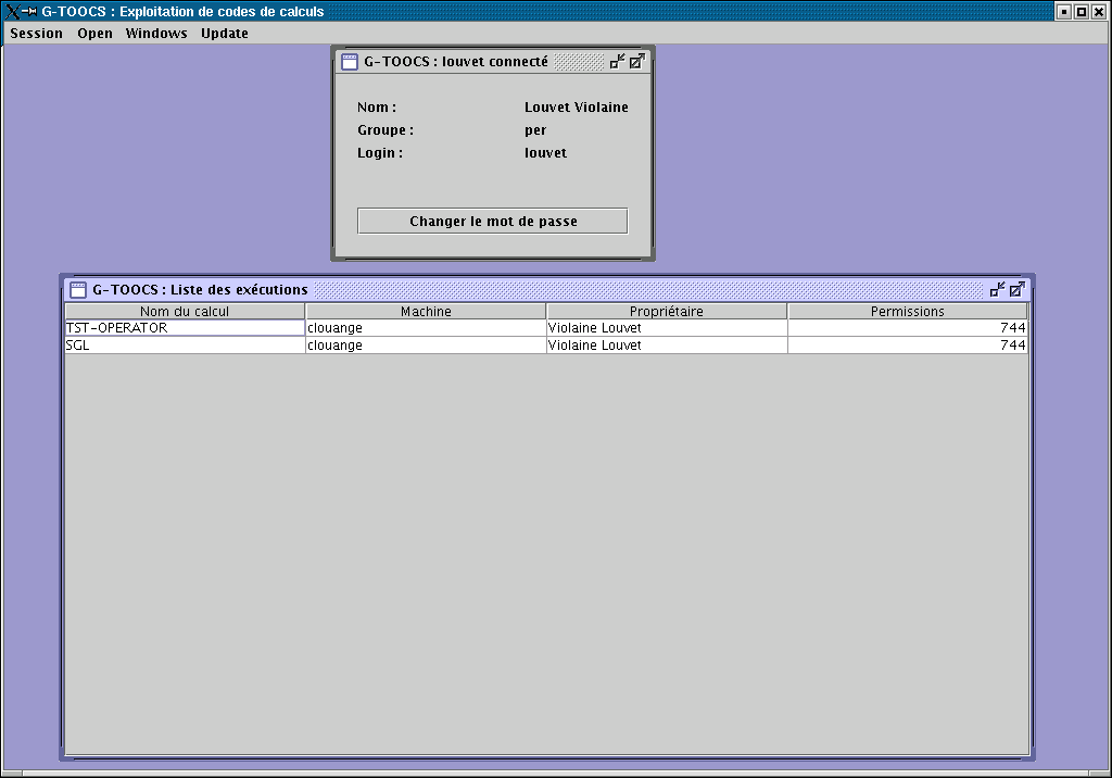 5.3. EXPLOITATION GRAPHIQUE CHAPITRE 5. ENVIRONNEMENT DE TRAVAIL Fig. 5.1 Fenêtre d accueil et de connexion de l interface graphique. 5.3.4 Fenêtre des données utilisateur Si l utilisateur est autorisé à se connecter au serveur, deux nouvelles fenêtres d ouvrent.