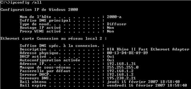 1. IPCONFIG La commande réseau ipconfig permet d'afficher les propriétés IP de l'ordinateur. Sous Win98, cette commande est équivalente à winipcfg sous Windows.