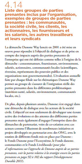 L implication des parties prenantes dans la politique RSE de l entreprise Danone formalise son dialogue avec ses parties prenantes depuis 2001 grâce à Danone Way.