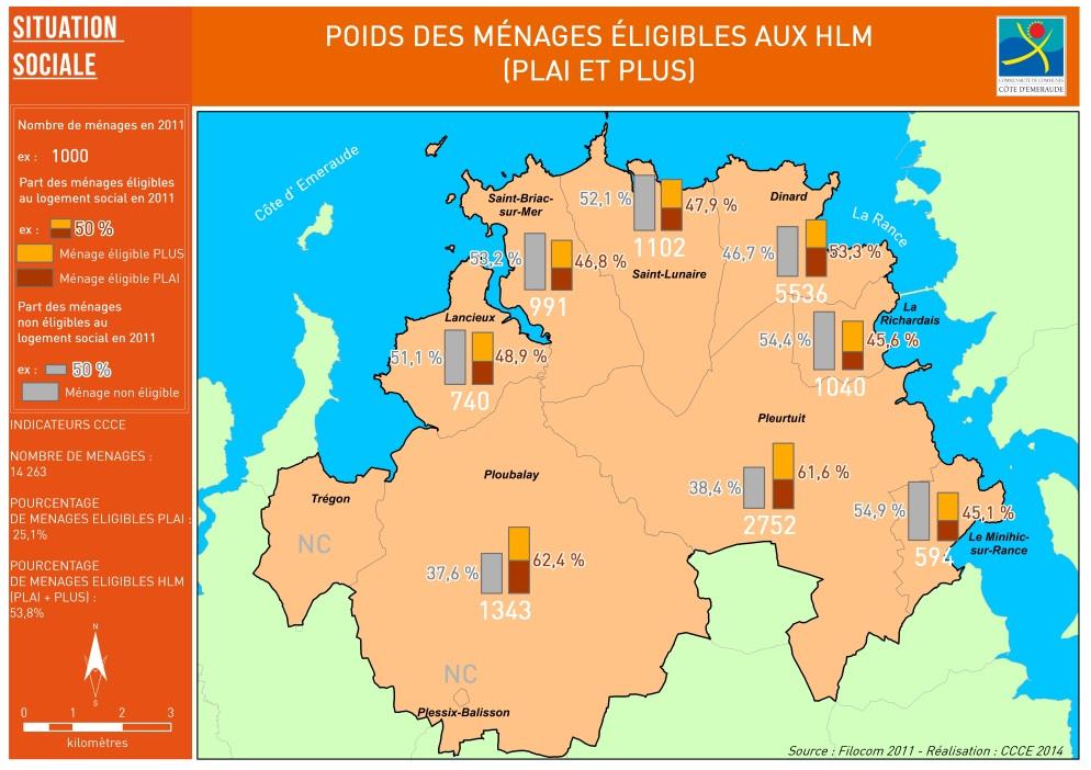 3 communes disposent néanmoins de plus de 50% de la population non imposable : o Pleurtuit, o Ploubalay o et Plessix-Balisson Des ménages modestes présents sur le territoire En 2011, à l échelle de