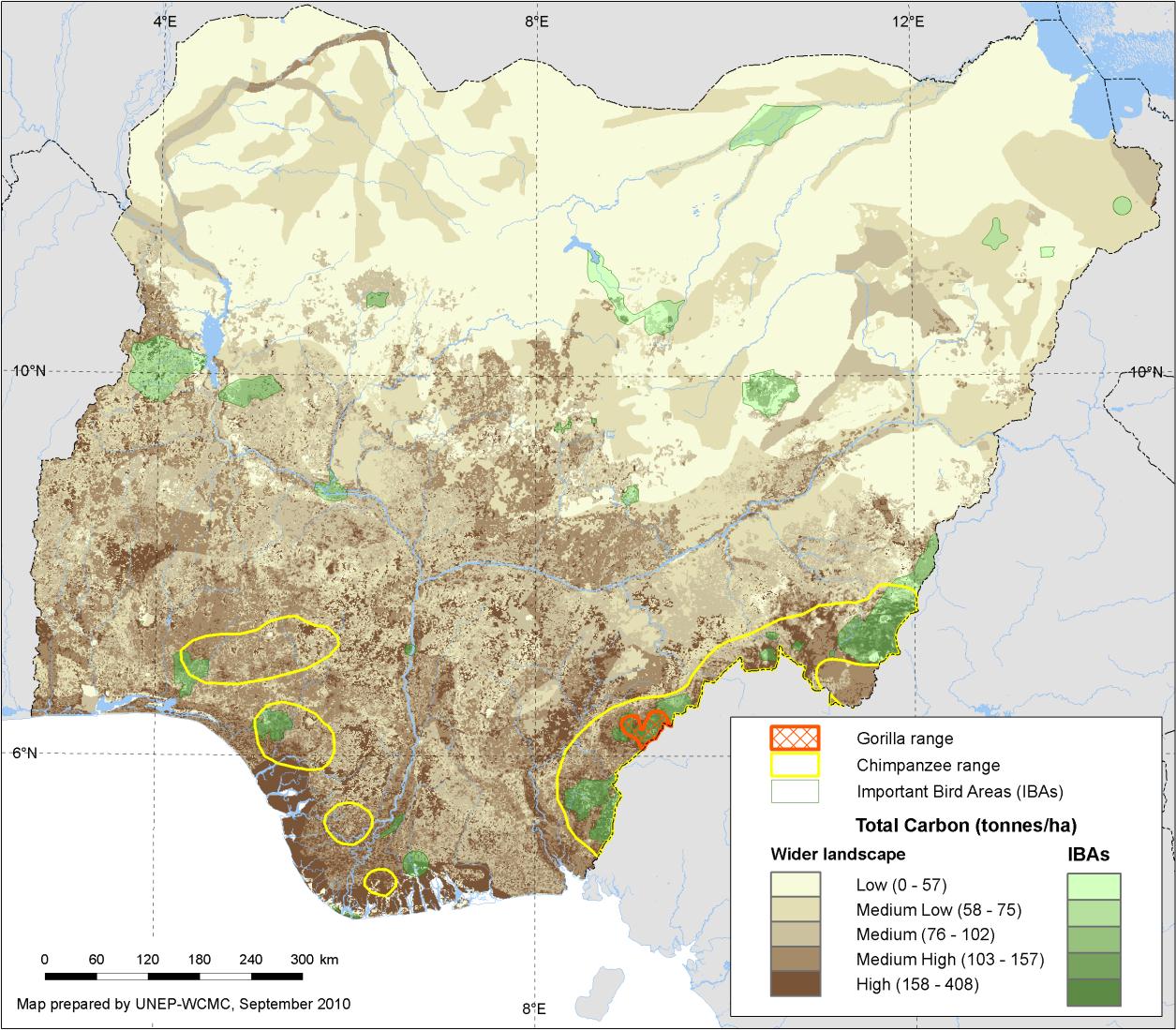 Cartographie des multiples benefices : Nigeria Carbone et biodiversite Densité des stocks de carbone