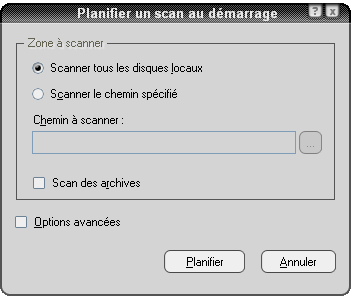 Comment planifier un scan au démarrage (Uniquement pour les versions 32 bit de Windows NT/2000/XP/Vista) Il est possible de programmer une analyse qui sera effectuée automatiquement lors du