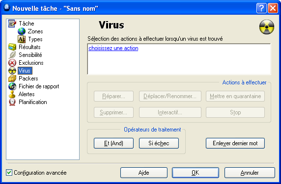 Virus En cliquant sur Virus vous aurez la fenêtre suivante qui s affichera: Sur cet écran, vous pouvez spécifier quelles mesures doivent être prises quand un virus est détecté.