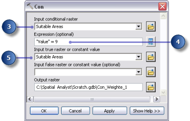 2. Ouvrez l'outil Con. 3. Cliquez sur la flèche de liste déroulante de la valeur Raster de condition en entrée et cliquez sur la variable Suitable Areas. 4.