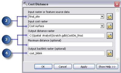 Définition des paramètres de l'outil Distance de coût Vous allez à présent exécuter l'outil Distance de coût en utilisant le jeu de données de coût que vous venez de créer (lequel permet d'identifier
